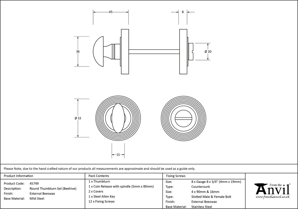 External Beeswax Round Thumbturn Set (Beehive) - 45749 - Technical Drawing