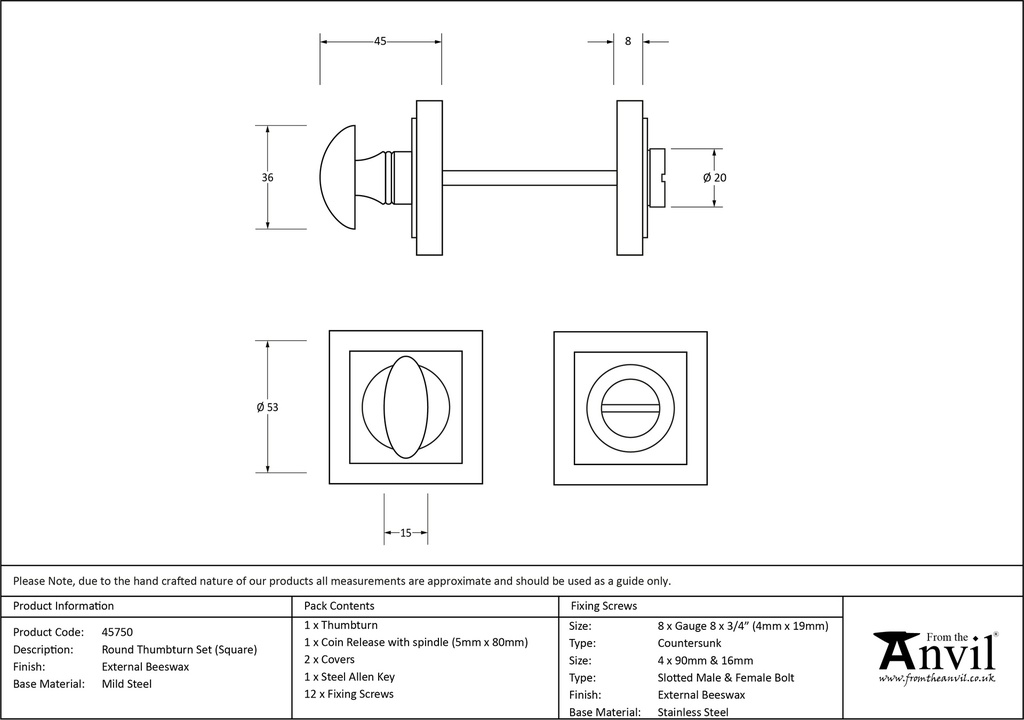 External Beeswax Round Thumbturn Set (Square) - 45750 - Technical Drawing