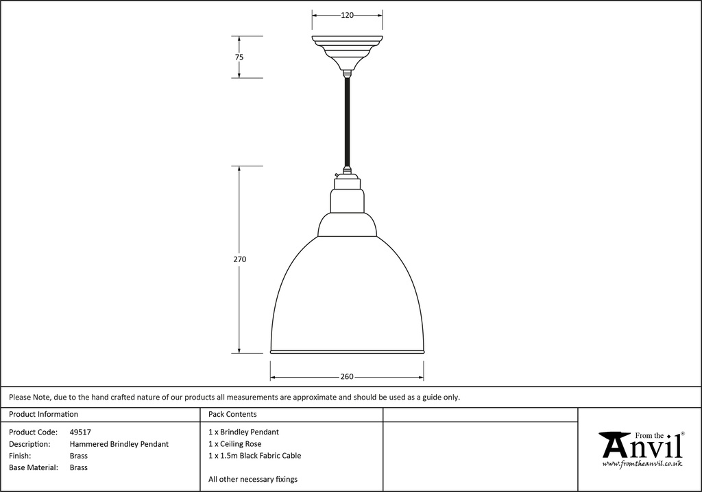 Hammered Brass Brindley Pendant - 49517 - Technical Drawing