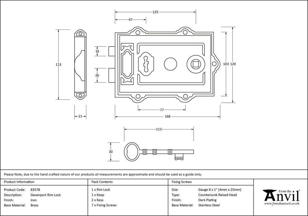 Iron Davenport Rim Lock - 83578 - Technical Drawing