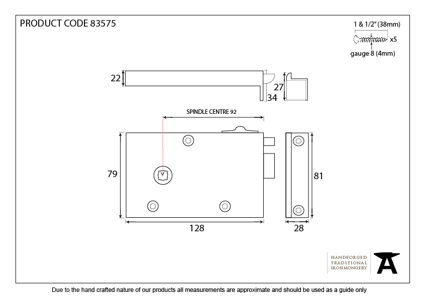 Iron Left Hand Bathroom Latch - 83575 - Technical Drawing