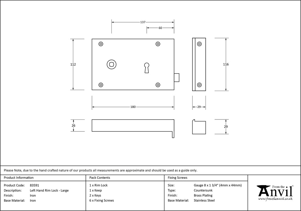 Iron Left Hand Rim Lock - Large - 83591 - Technical Drawing