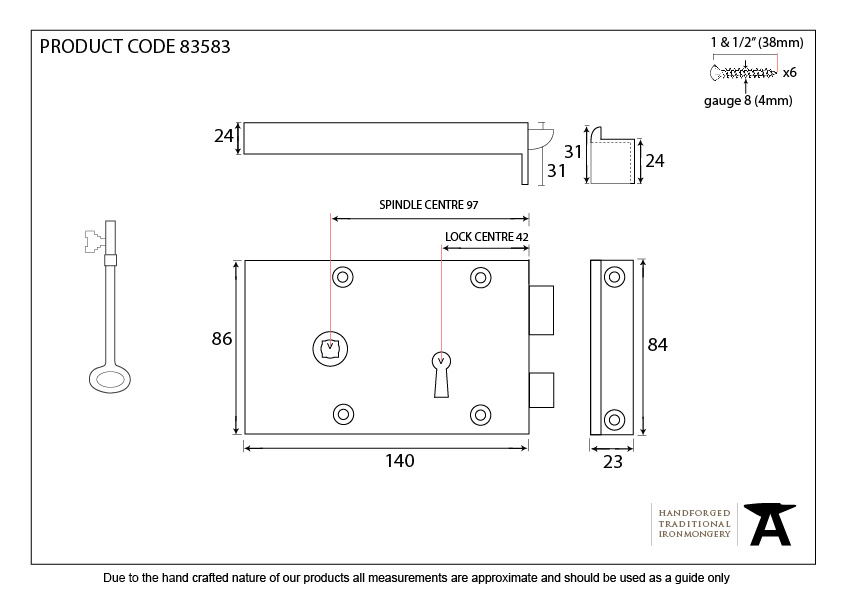 Iron Left Hand Rim Lock - Small - 83583 - Technical Drawing