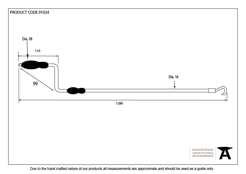 Lacquered Brass 1-2m Telescopic Window Winder - 91024 - Technical Drawing