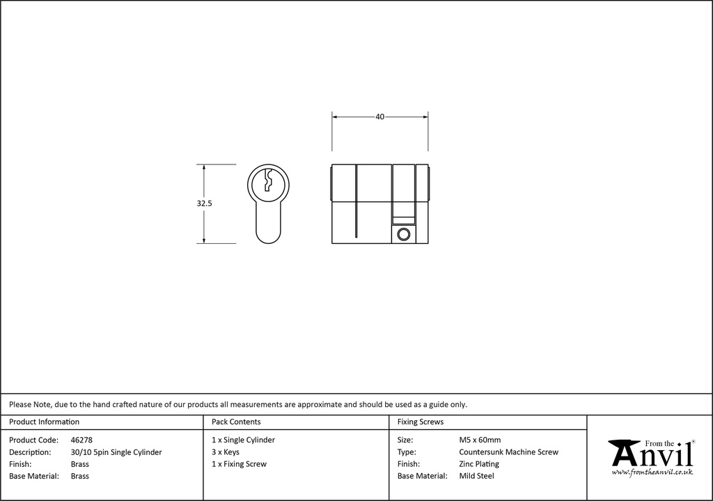 Lacquered Brass 30/10 5pin Single Cylinder - 46278 - Technical Drawing