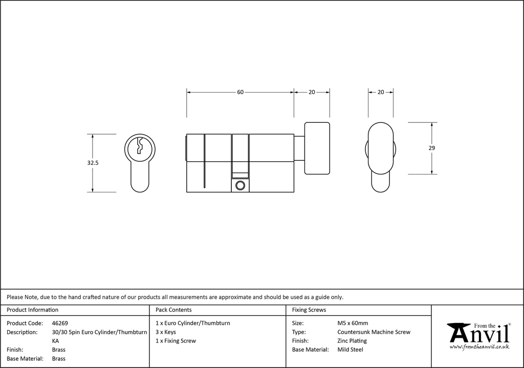 Lacquered Brass 30/30 5pin Euro Cylinder/Thumbturn KA - 46269 - Technical Drawing