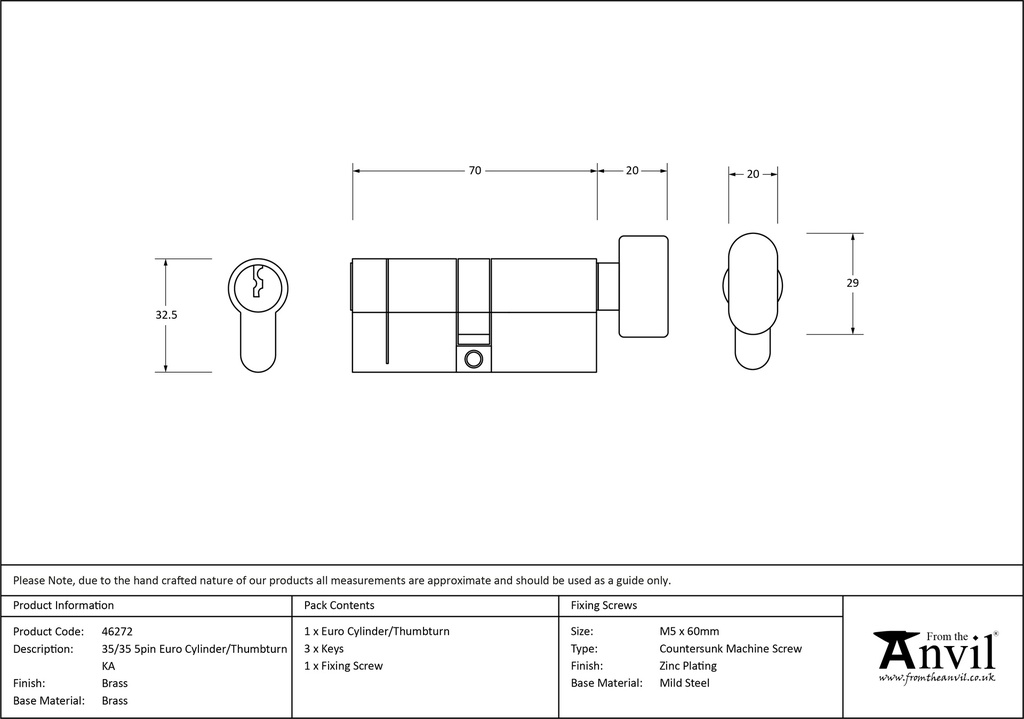 Lacquered Brass 35/35 5pin Euro Cylinder/Thumbturn KA - 46272 - Technical Drawing