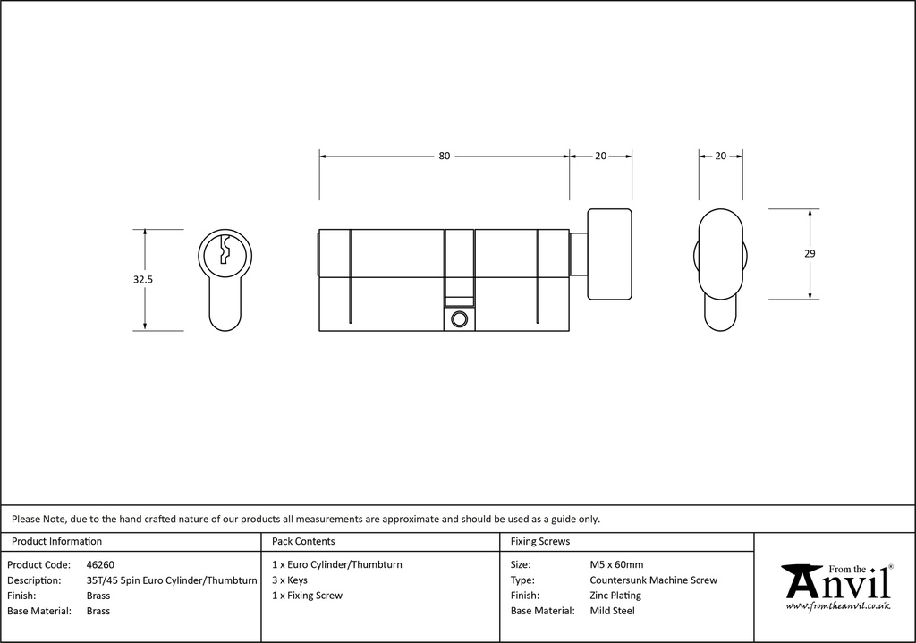 Lacquered Brass 35T/45 5pin Euro Cylinder/Thumbturn - 46260 - Technical Drawing