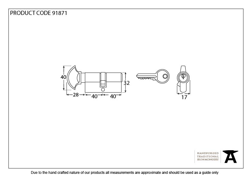 Lacquered Brass 40/40 Euro Cylinder/Thumbturn - 91871 - Technical Drawing