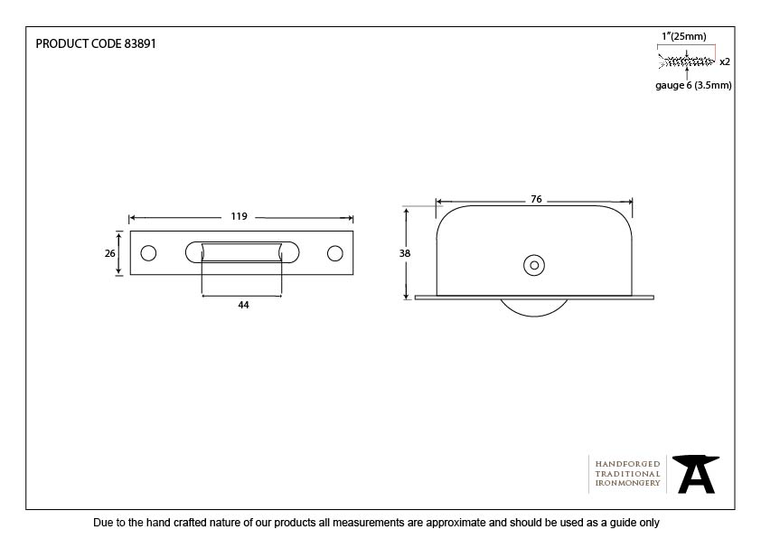 Lacquered Brass Square Ended Sash Pulley 75kg - 83891 - Technical Drawing