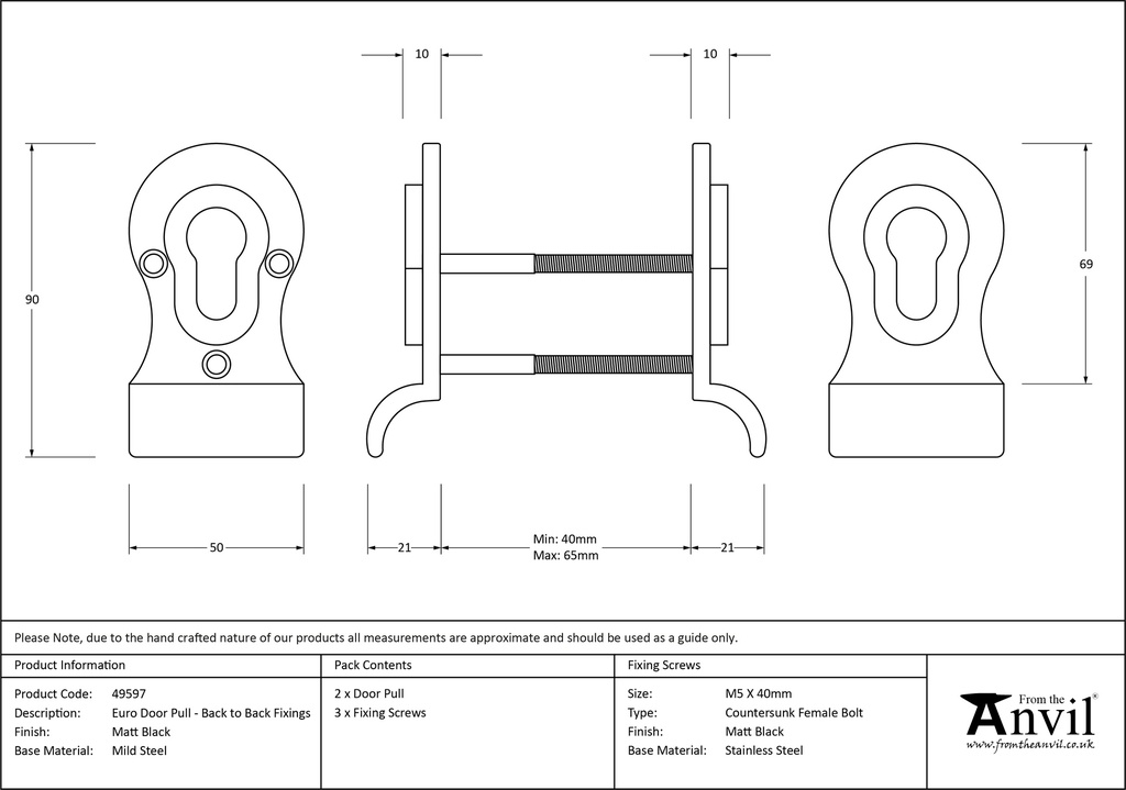 Matt Black 50mm Euro Door Pull (Back to Back fixing) - 49597 - Technical Drawing