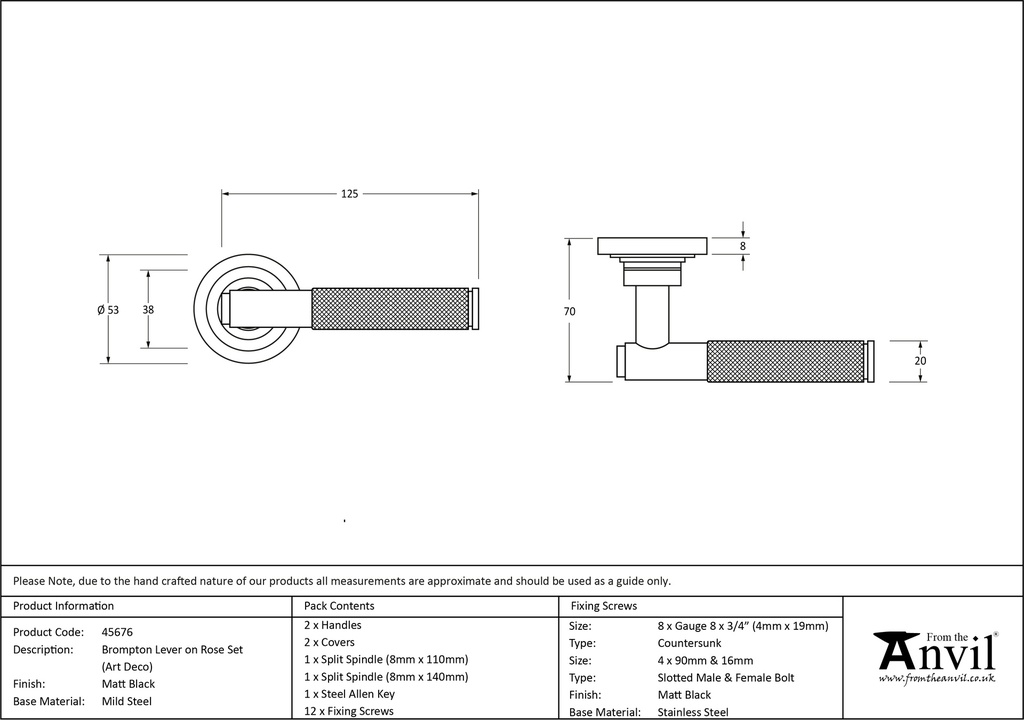 Matt Black Brompton Lever on Rose Set (Art Deco) - 45676 - Technical Drawing