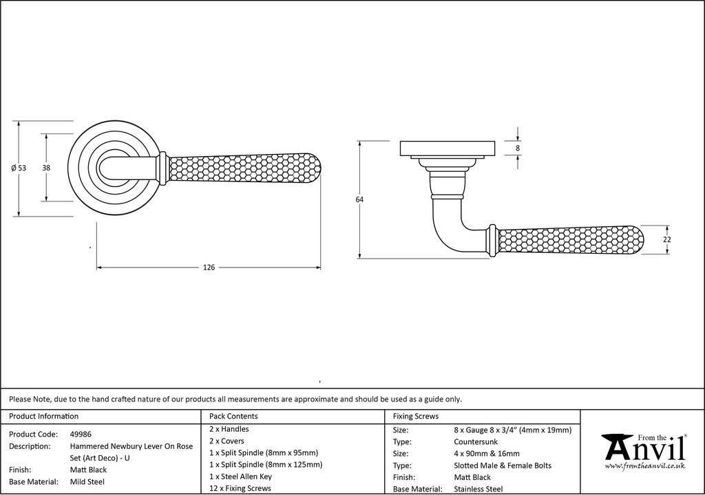 Matt Black Hammered Newbury Lever on Rose Set (Art Deco) - Unsprung - 49986 - Technical Drawing