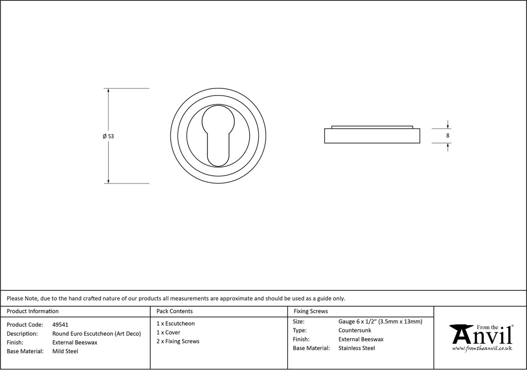 Matt Black Round Euro Escutcheon (Art Deco) - 49541 - Technical Drawing