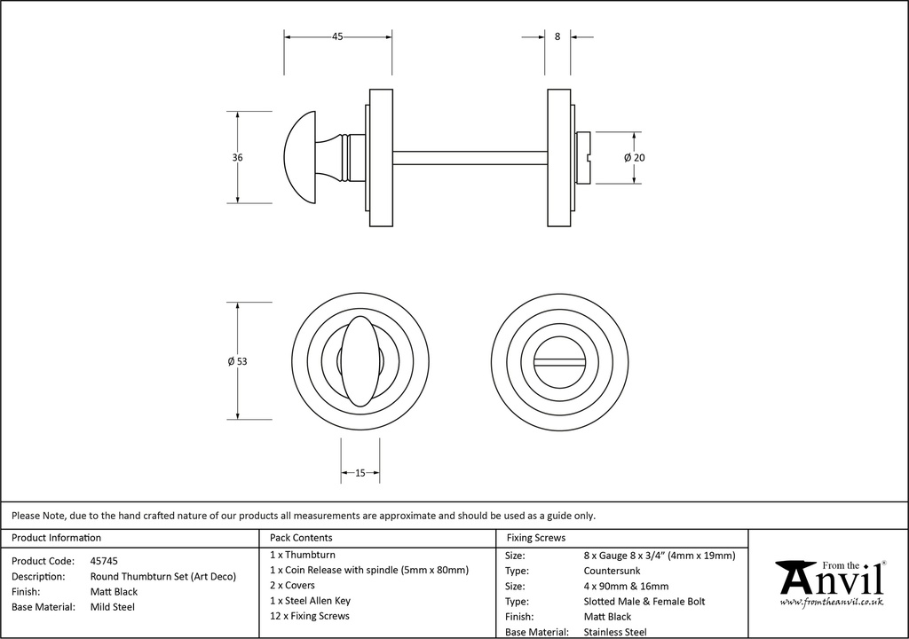 Matt Black Round Thumbturn Set (Art Deco) - 49545 - Technical Drawing