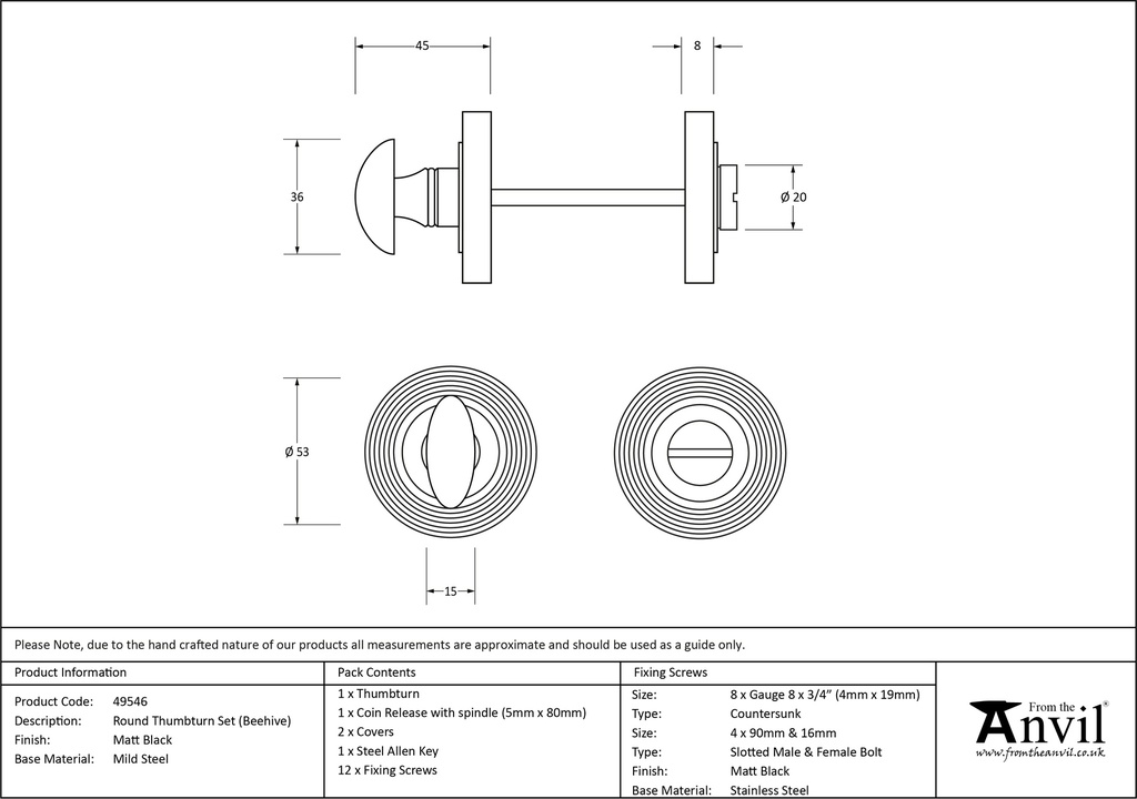 Matt Black Round Thumbturn Set (Beehive) - 49546 - Technical Drawing