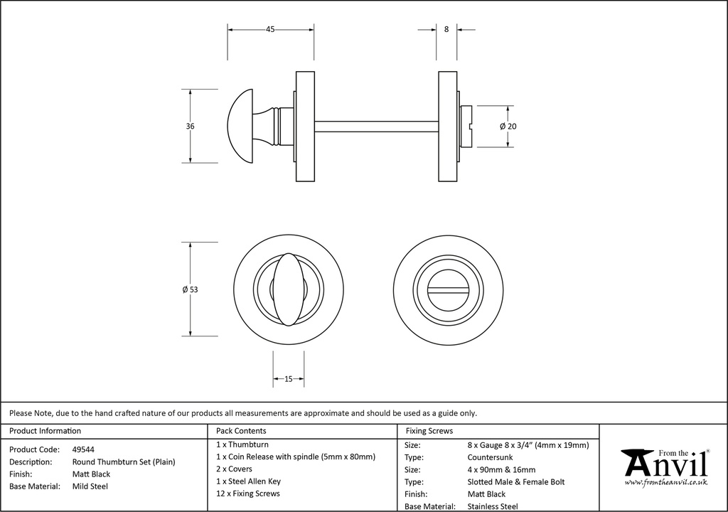 Matt Black Round Thumbturn Set (Plain) - 49544 - Technical Drawing