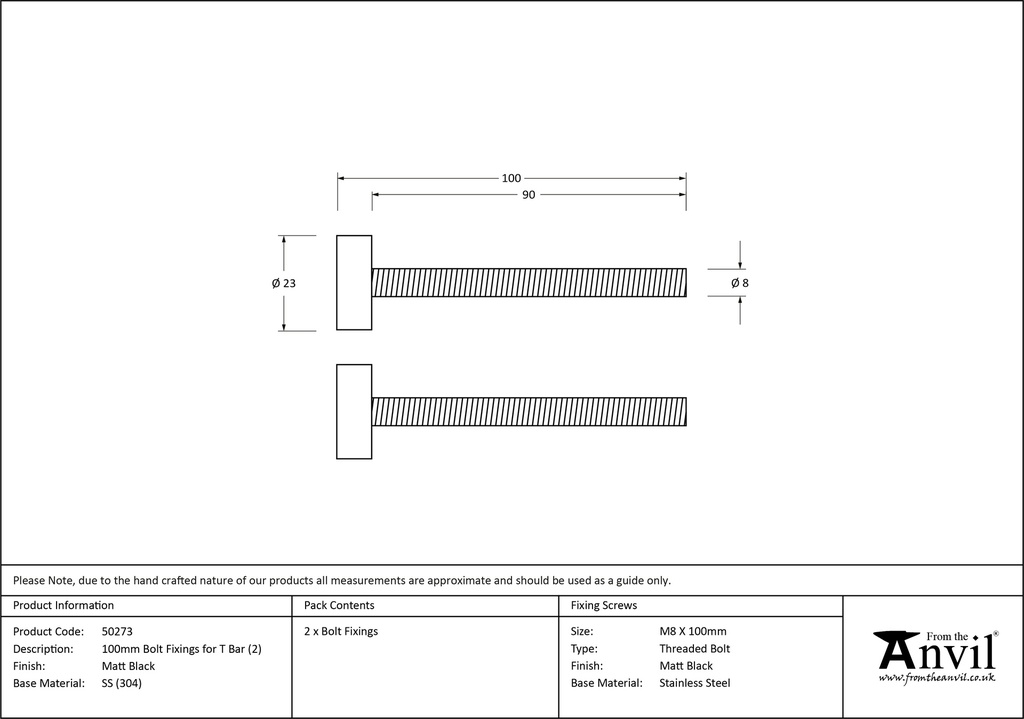 Matt Black SS (304) 100mm Bolt Fixings for T Bar (2) - 50273 - Technical Drawing