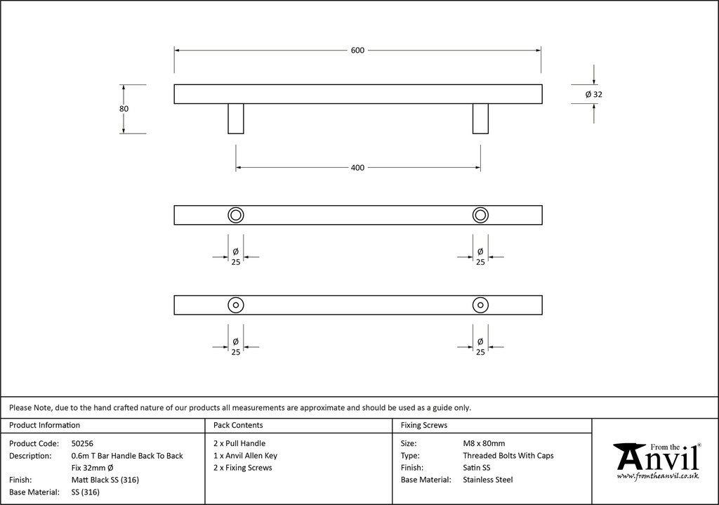 Matt Black SS (316) 0.6m T Bar Handle B2B Fix 32mm Ø - 50256 - Technical Drawing