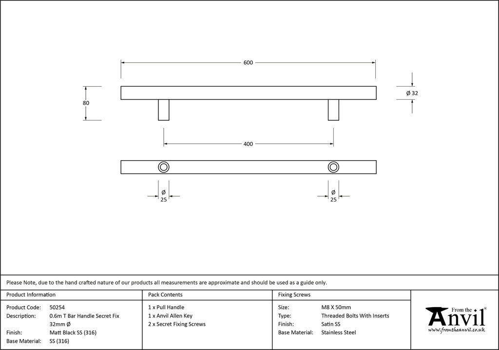 Matt Black SS (316) 0.6m T Bar Handle Secret Fix 32mm Ø - 50254 - Technical Drawing