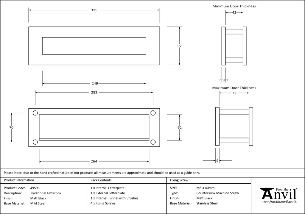 Matt Black Traditional Letterbox - 49593 - Technical Drawing