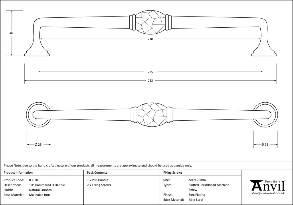 Natural Smooth 10&quot; Hammered D Handle - 83528 - Technical Drawing