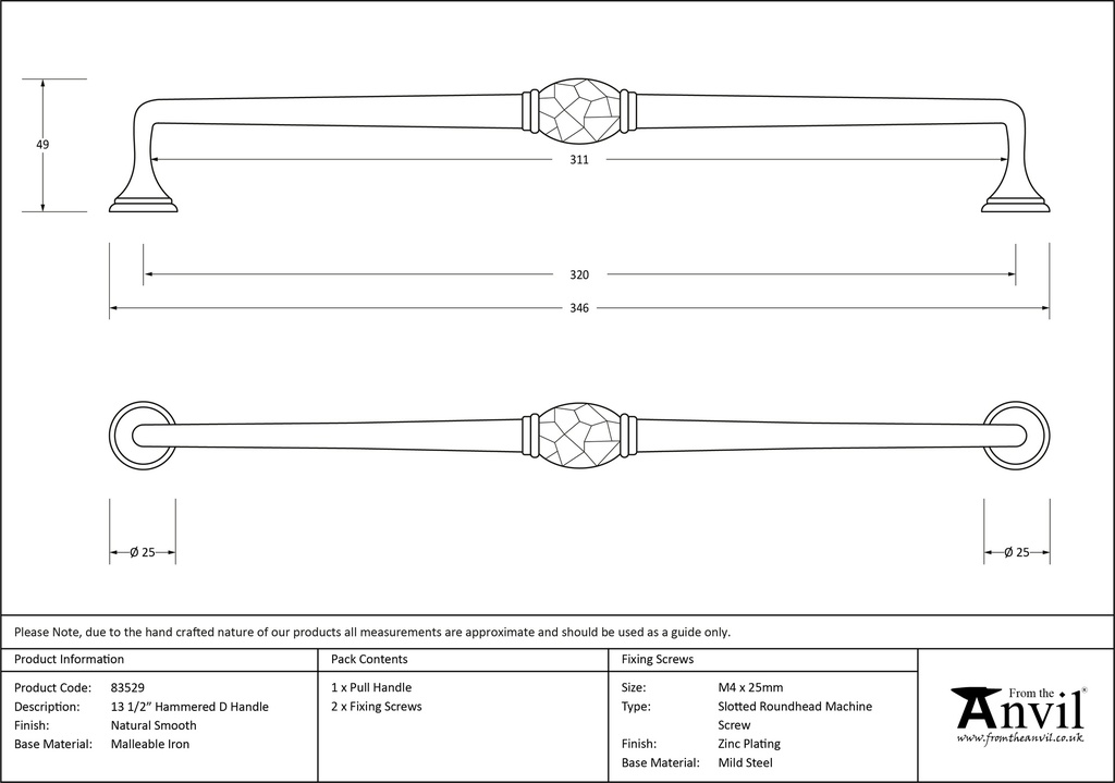 Natural Smooth 13 1/2&quot; Hammered D Handle - 83529 - Technical Drawing