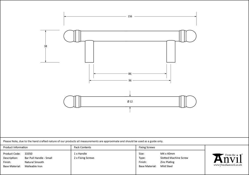 Natural Smooth 156mm Bar Pull Handle - 33350 - Technical Drawing