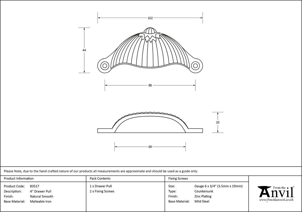 Natural Smooth 4&quot; Flower Drawer Pull - 83517 - Technical Drawing