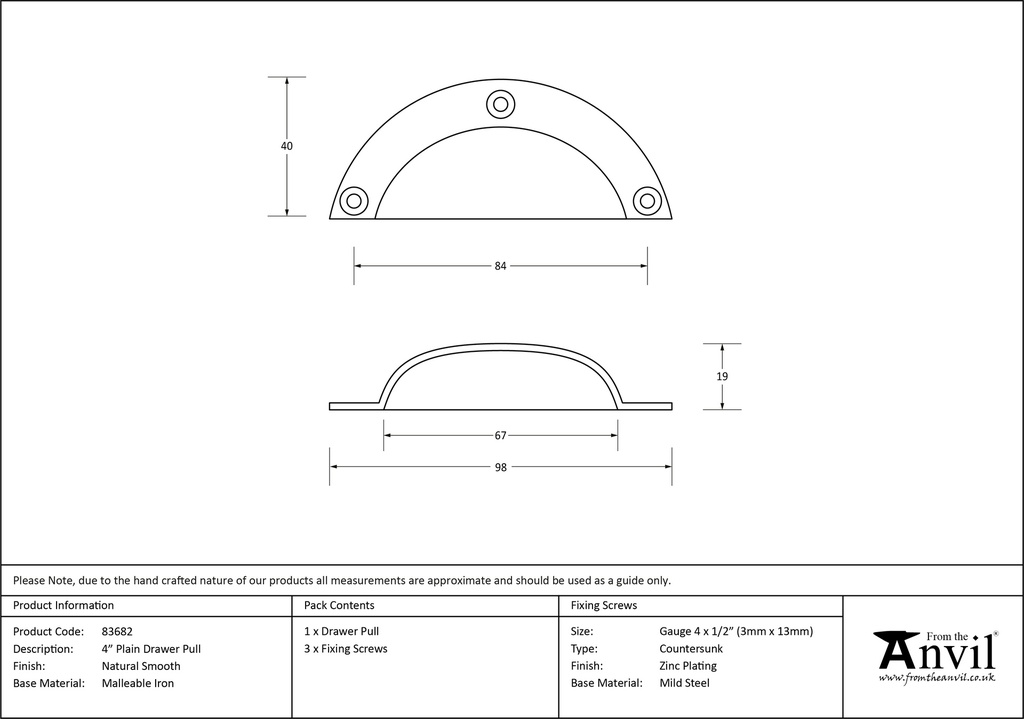 Natural Smooth 4&quot; Plain Drawer Pull - 83682 - Technical Drawing