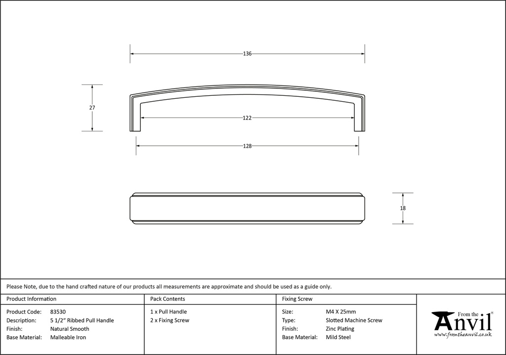 Natural Smooth 5 1/2&quot; Ribbed Pull Handle - 83530 - Technical Drawing