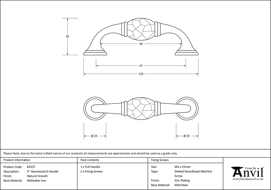 Natural Smooth 5&quot; Hammered D Handle - 83527 - Technical Drawing