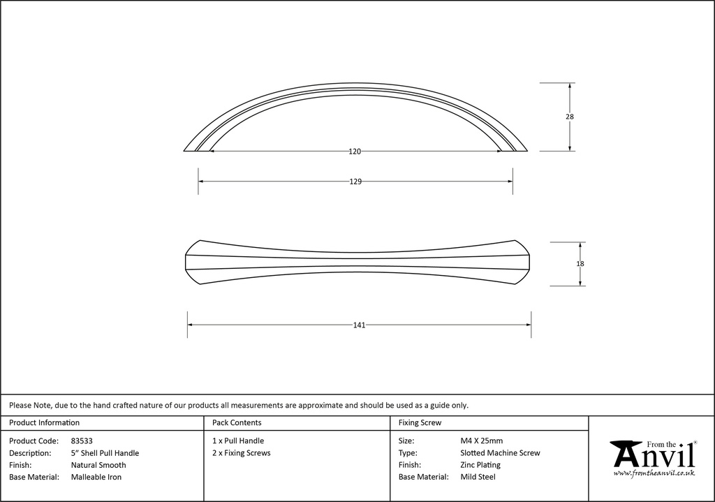 Natural Smooth 5&quot; Shell Pull Handle - 83533 - Technical Drawing