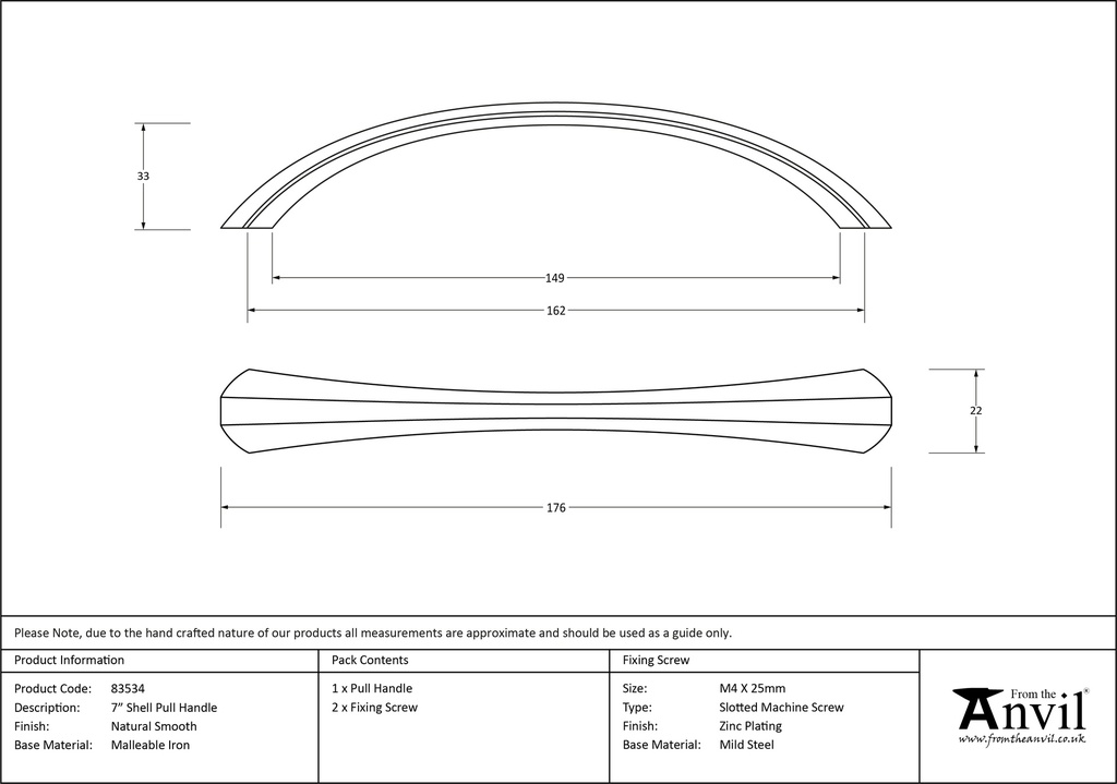 Natural Smooth 7&quot; Shell Pull Handle - 83534 - Technical Drawing