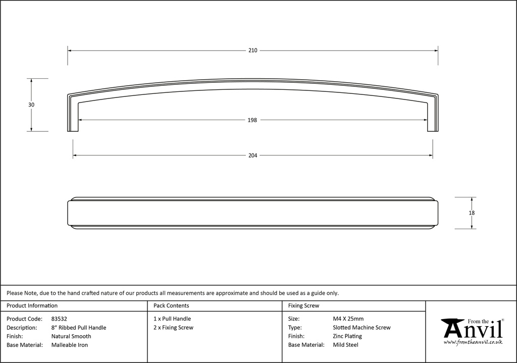 Natural Smooth 9&quot; Ribbed Pull Handle - 83532 - Technical Drawing