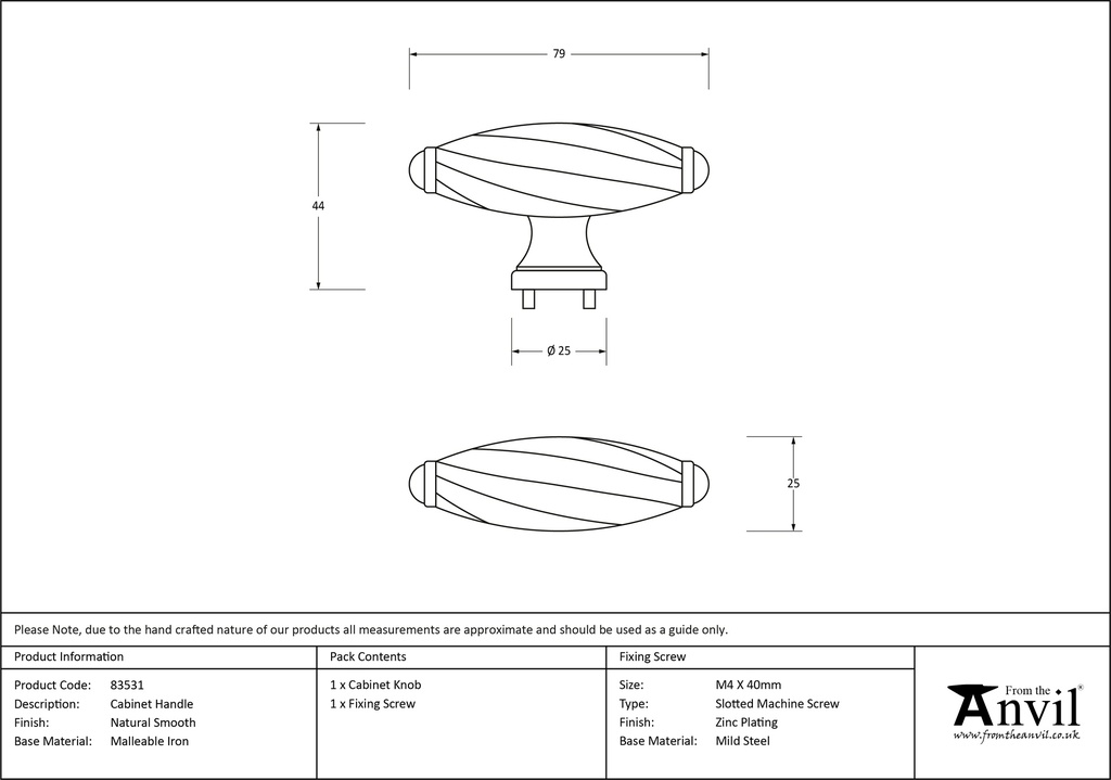 Natural Smooth Cabinet Handle - 83531 - Technical Drawing