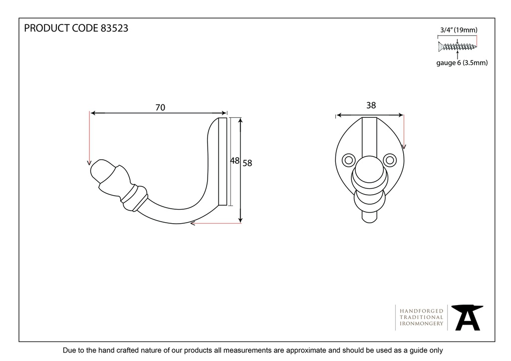 Natural Smooth Coat Hook - 83523 - Technical Drawing