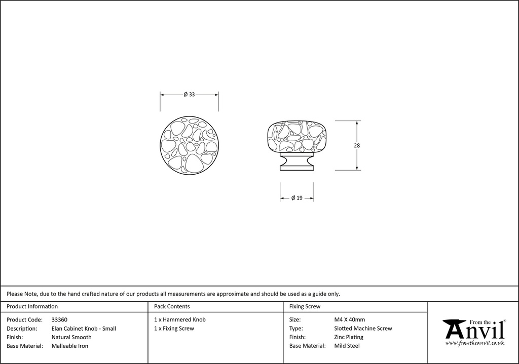 Natural Smooth Elan Cabinet Knob - Small - 33360 - Technical Drawing