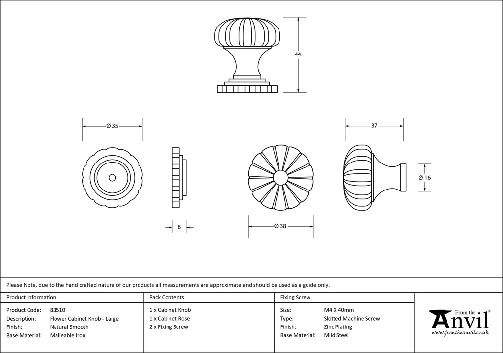 Natural Smooth Flower Cabinet Knob - Large - 83510 - Technical Drawing