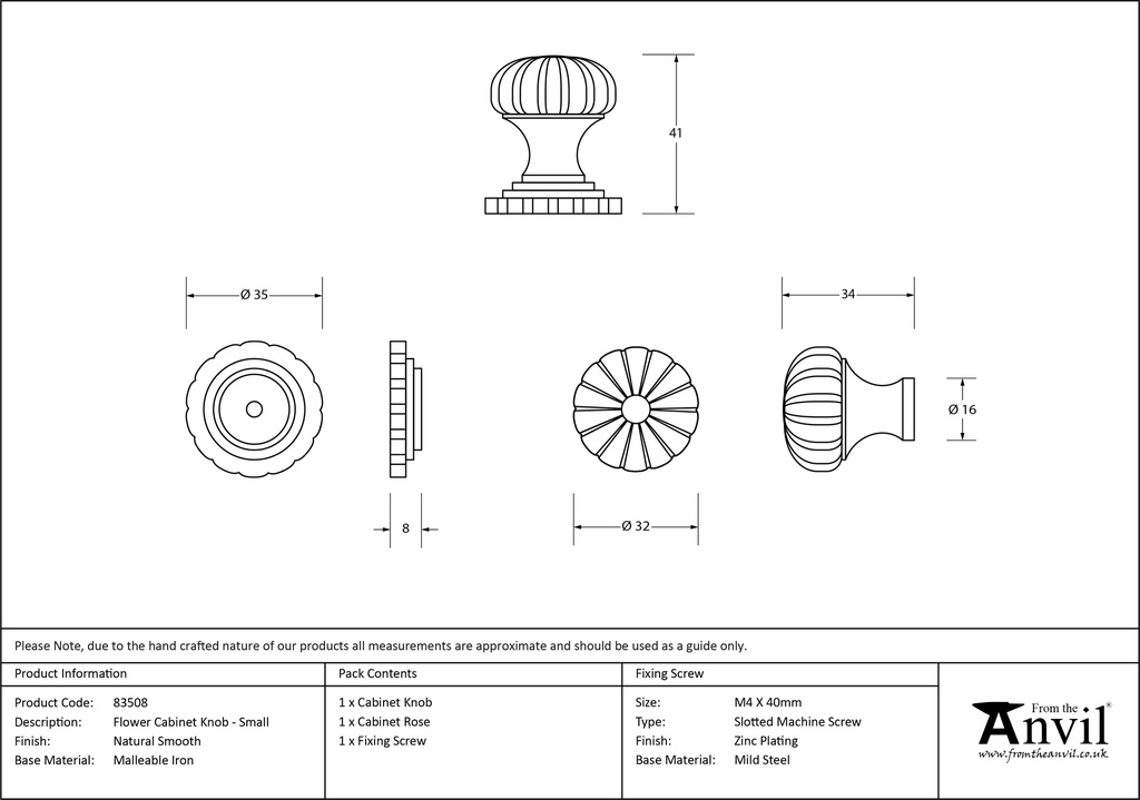 Natural Smooth Flower Cabinet Knob - Small - 83508 - Technical Drawing