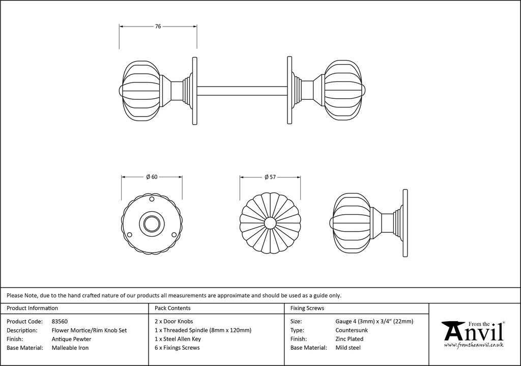 Natural Smooth Flower Mortice Knob Set - 83561 - Technical Drawing