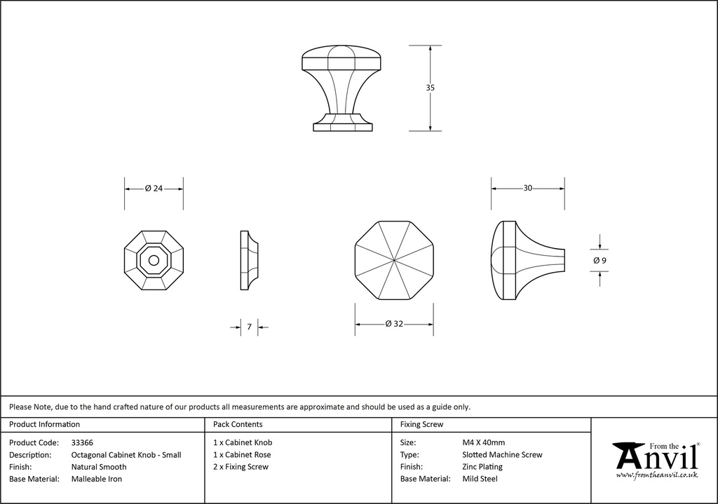 Natural Smooth Octagonal Cabinet Knob - Small - 33366 - Technical Drawing