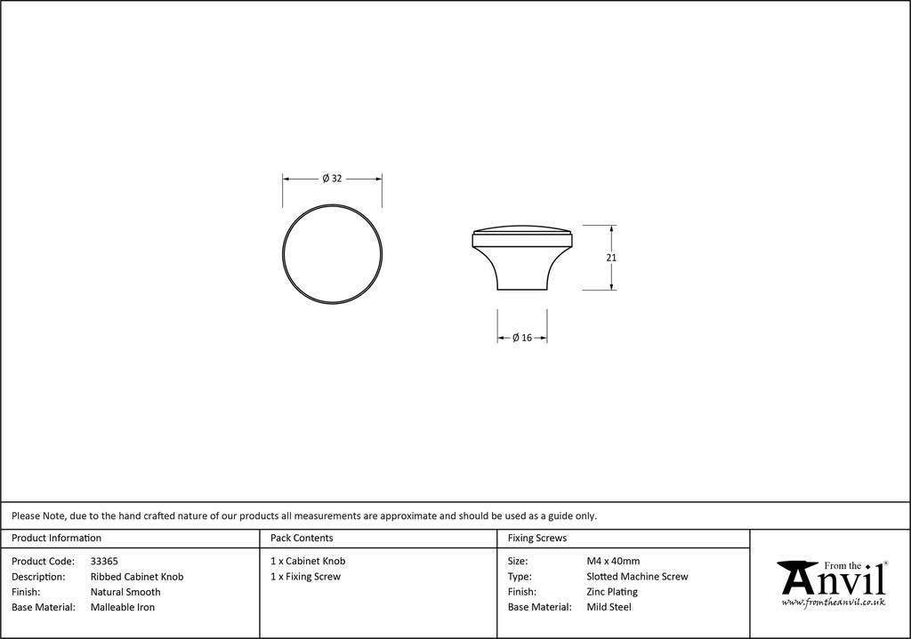 Natural Smooth Ribbed Cabinet Knob - 33365 - Technical Drawing