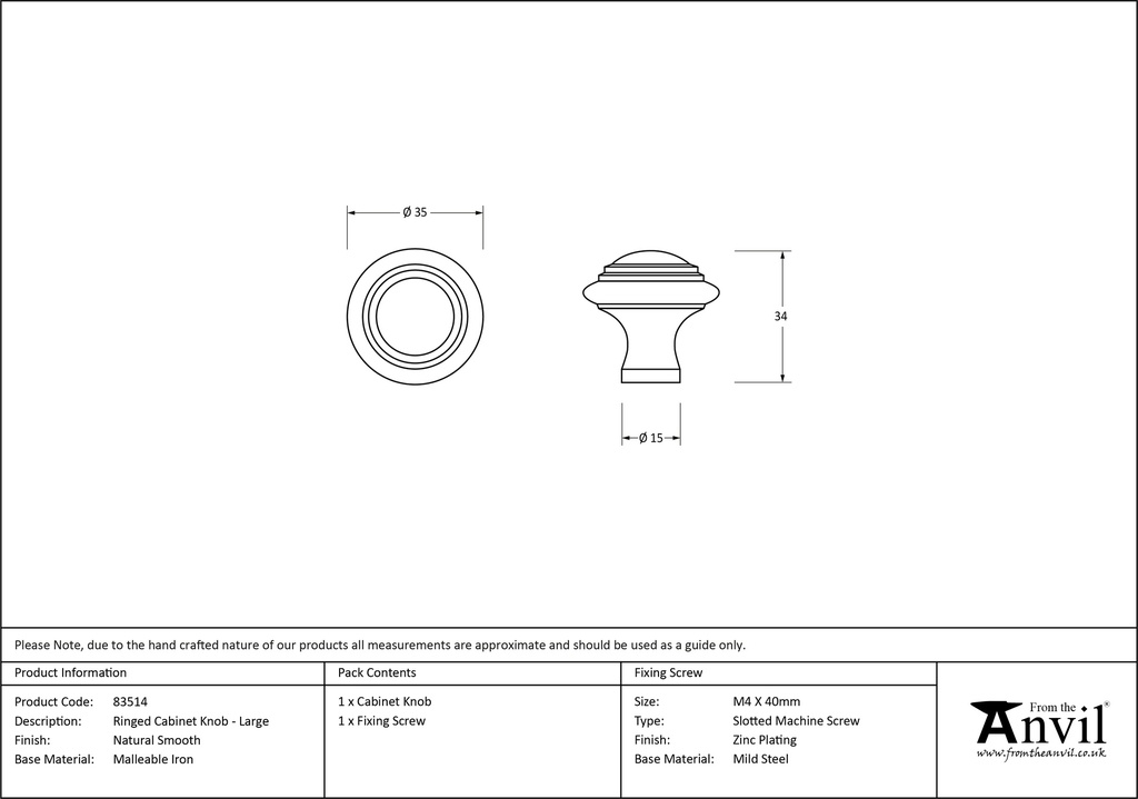 Natural Smooth Ringed Cabinet Knob - Large - 83514 - Technical Drawing