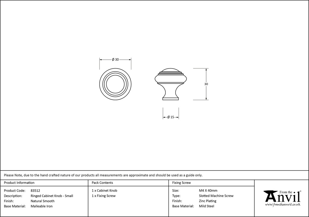 Natural Smooth Ringed Cabinet Knob - Small - 83512 - Technical Drawing