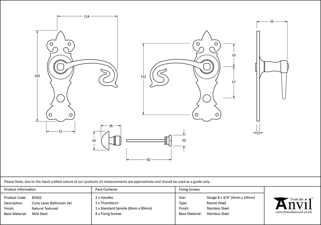 Natural Textured Curly Lever Bathroom Set - 83502 - Technical Drawing