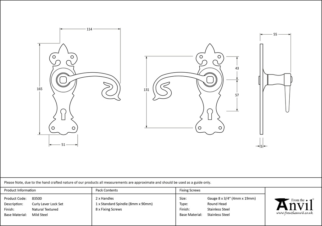 Natural Textured Curly Lever Lock Set - 83500 - Technical Drawing