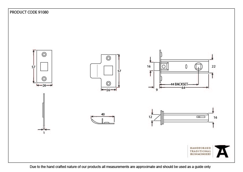 Nickel 2½&quot; Tubular Mortice Latch - 91080 - Technical Drawing