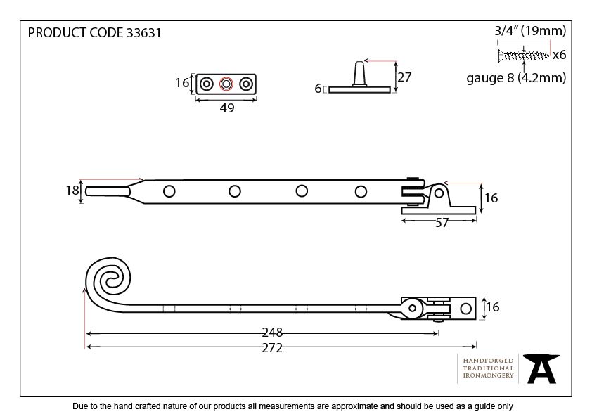 Pewter 10&quot; Monkeytail Stay - 33631 - Technical Drawing