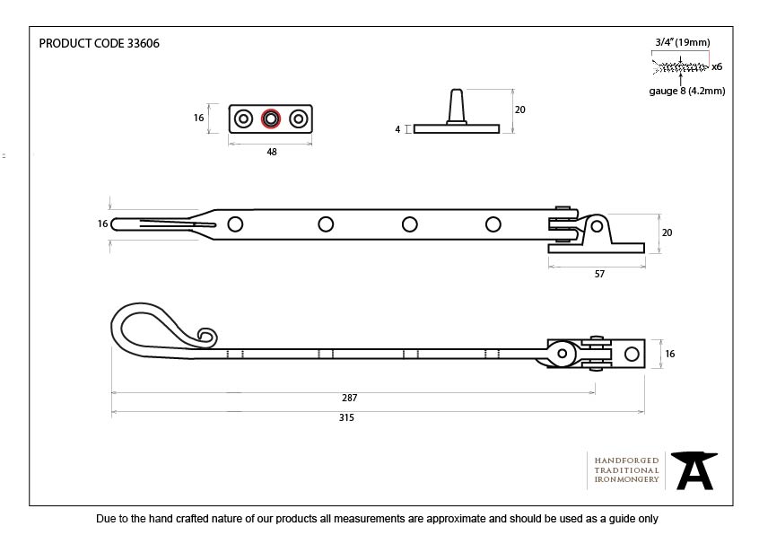 Pewter 10&quot; Shepherd's Crook Stay - 33606 - Technical Drawing